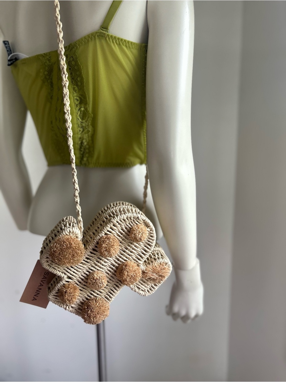 Savannah Cream Woven Pom-Pom Crossbody Bag new